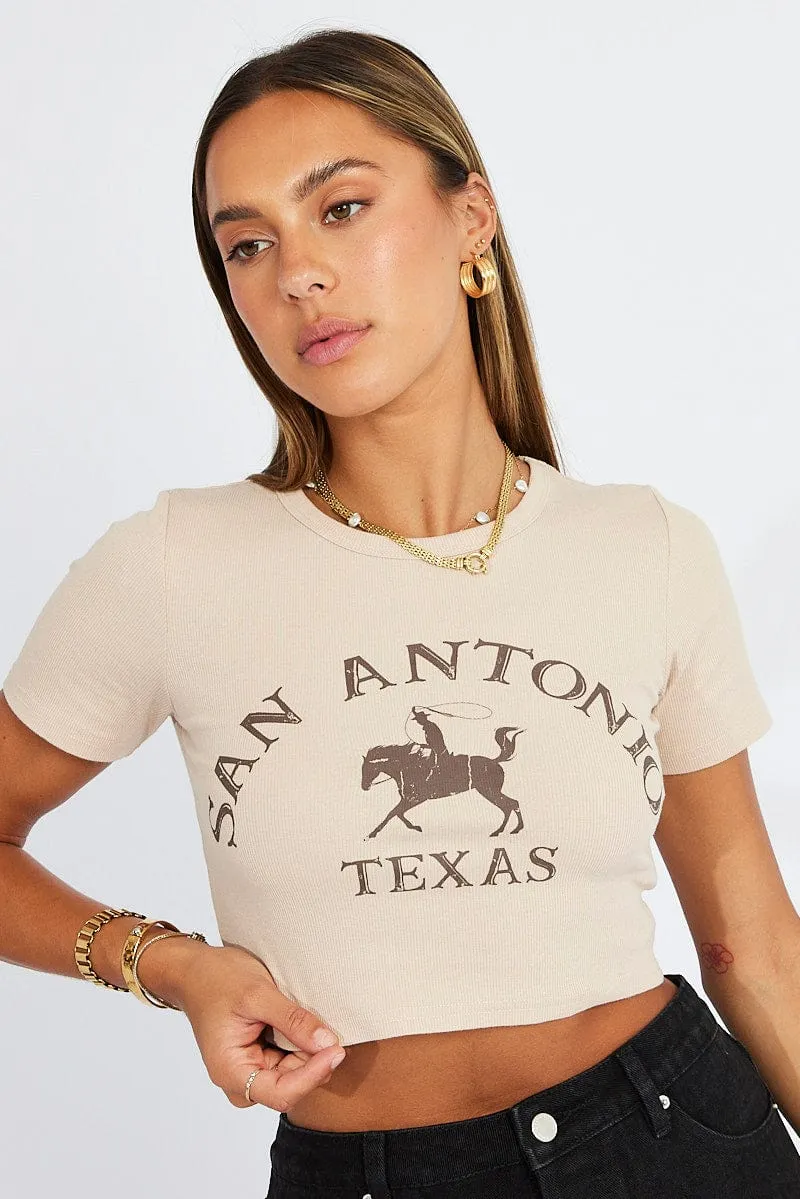 Beige Graphic Tee Cowboy Texas western Crop Baby T-shirt Modern Trend Look