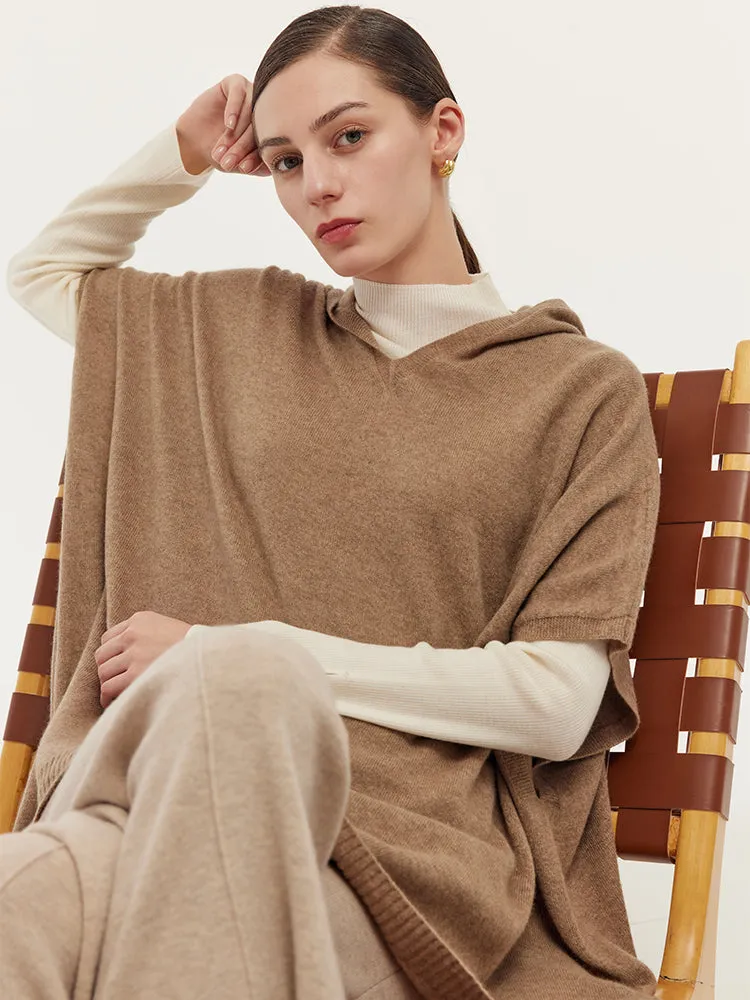 Soft Touch Texture 100% Cashmere Hooded Poncho Sweater