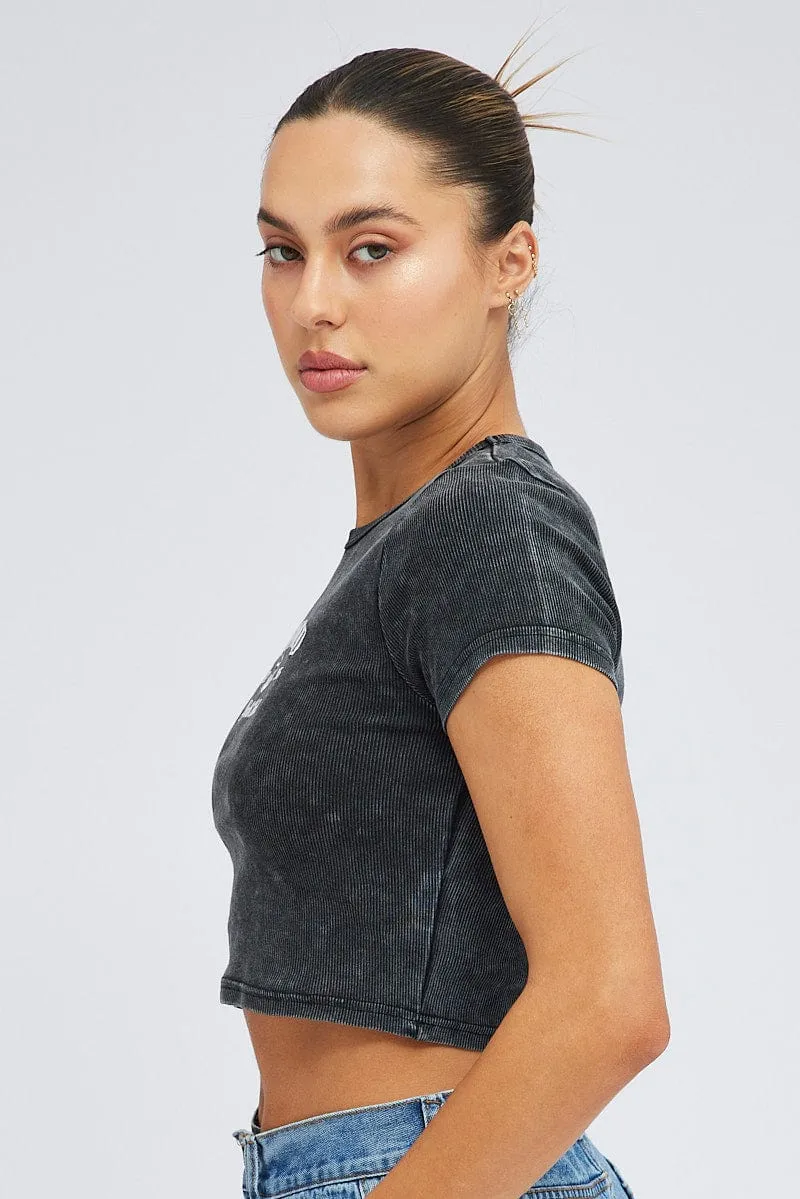 Fashion Forward StretchComfortWeave Black Baby Tee Short Sleeve Crop Round Neck Graphic