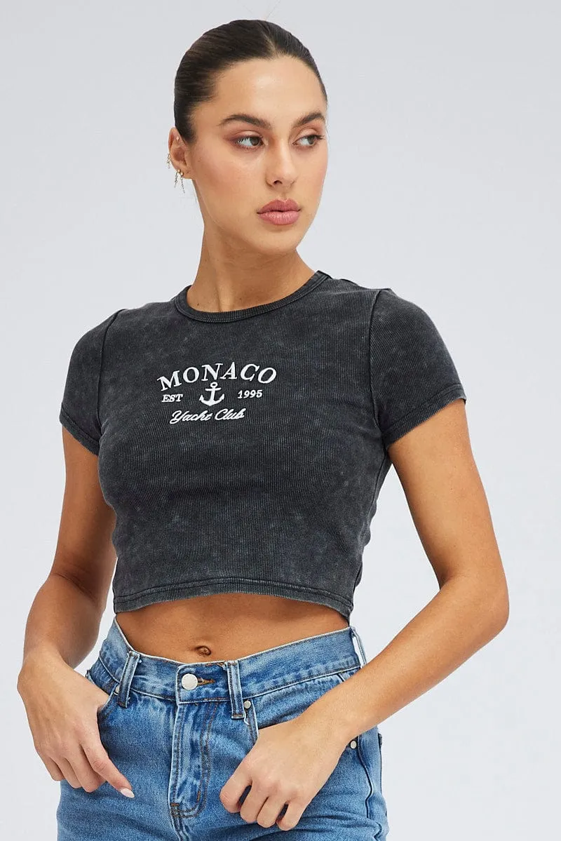 Soft Wear Black Baby Tee Short Sleeve Crop Round Neck Graphic