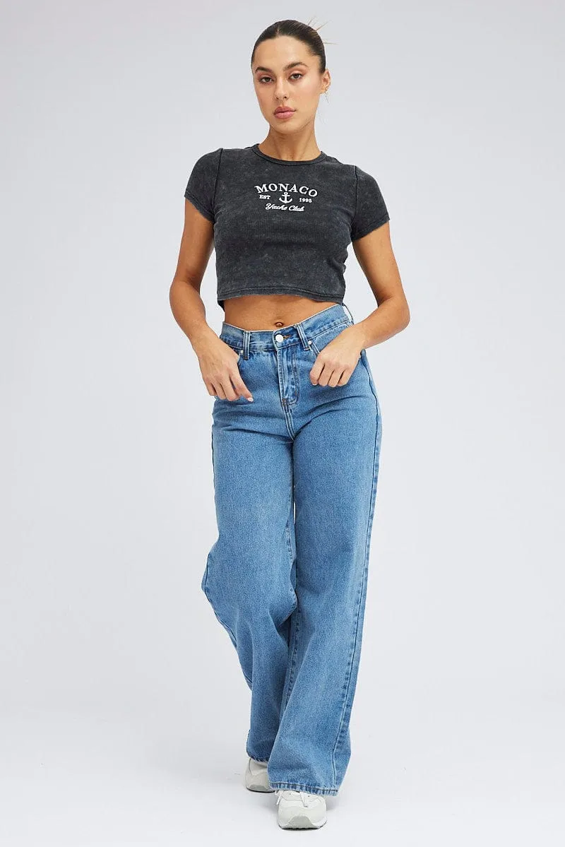FunctionalPockets Comfy Layer Wear Black Baby Tee Short Sleeve Crop Round Neck Graphic