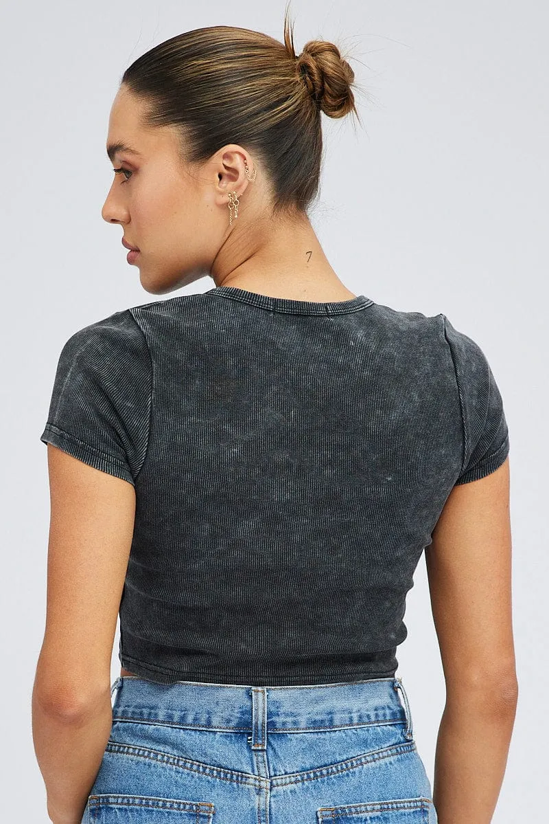 Subtle Details Black Baby Tee Short Sleeve Crop Round Neck Graphic