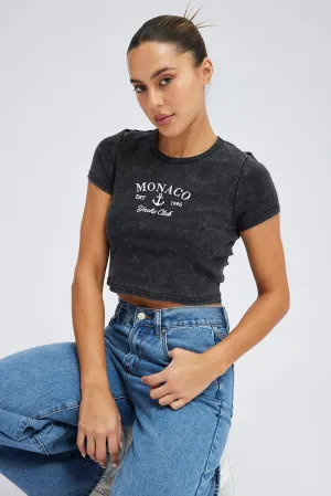 Black Baby Tee Short Sleeve Crop Round Neck Graphic Effortless Fit Oeko Tex Certified
