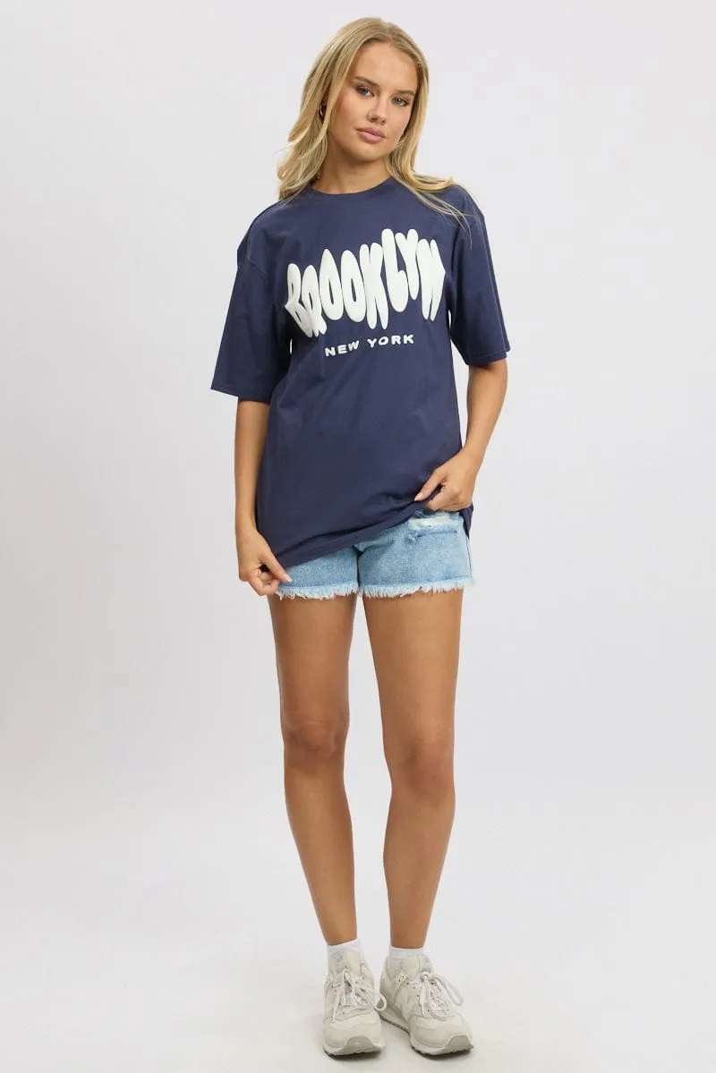 Blue Graphic Tee Short Sleeve Light Casual