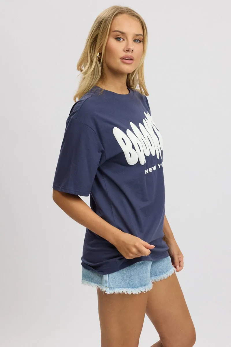 Blue Graphic Tee Short Sleeve Durable Knit Structure Versatile Layering Piece