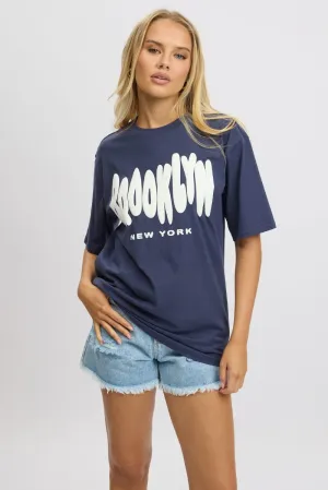 Smooth Flatlock Stitching Blue Graphic Tee Short Sleeve