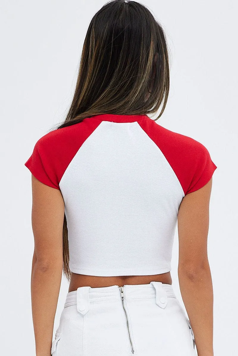 Red Tee Contrast Short Sleeve Round Neck Graphic StretchComfortWeave