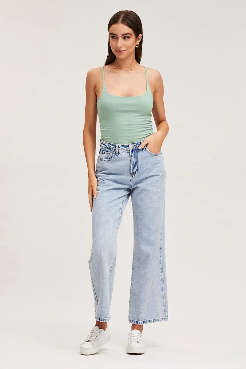 Green Singlet Top Sleeveless Cotton Light Layer