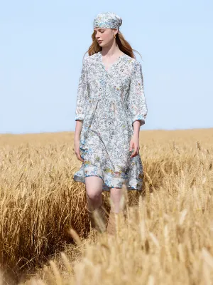 Flattering Design Look Casual Comfort Look 19 Momme Mulberry Silk Print Women Mini Dress With Scrunchie
