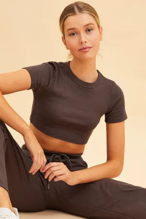 Grey Baby Tee Crop Crew Neck Short Sleeve Rib TactileStitching