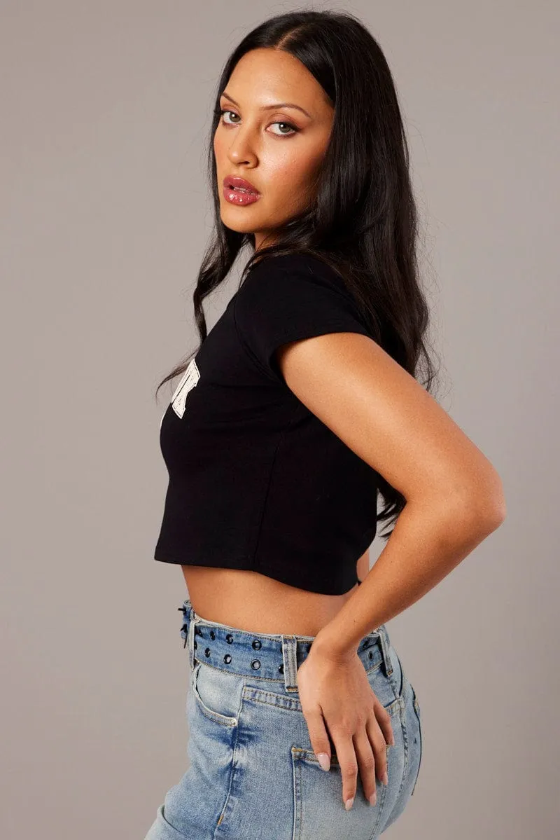V-Neck Antibacterial Treatment Black Graphic Tee Crop Short Sleeve