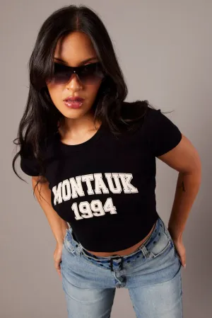 Comfortable clothing Versatile Style Black Graphic Tee Crop Short Sleeve