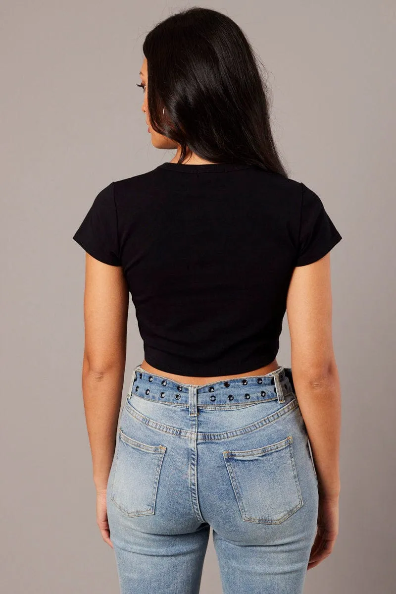 Black Graphic Tee Crop Short Sleeve right size Durable Colorfast Finish