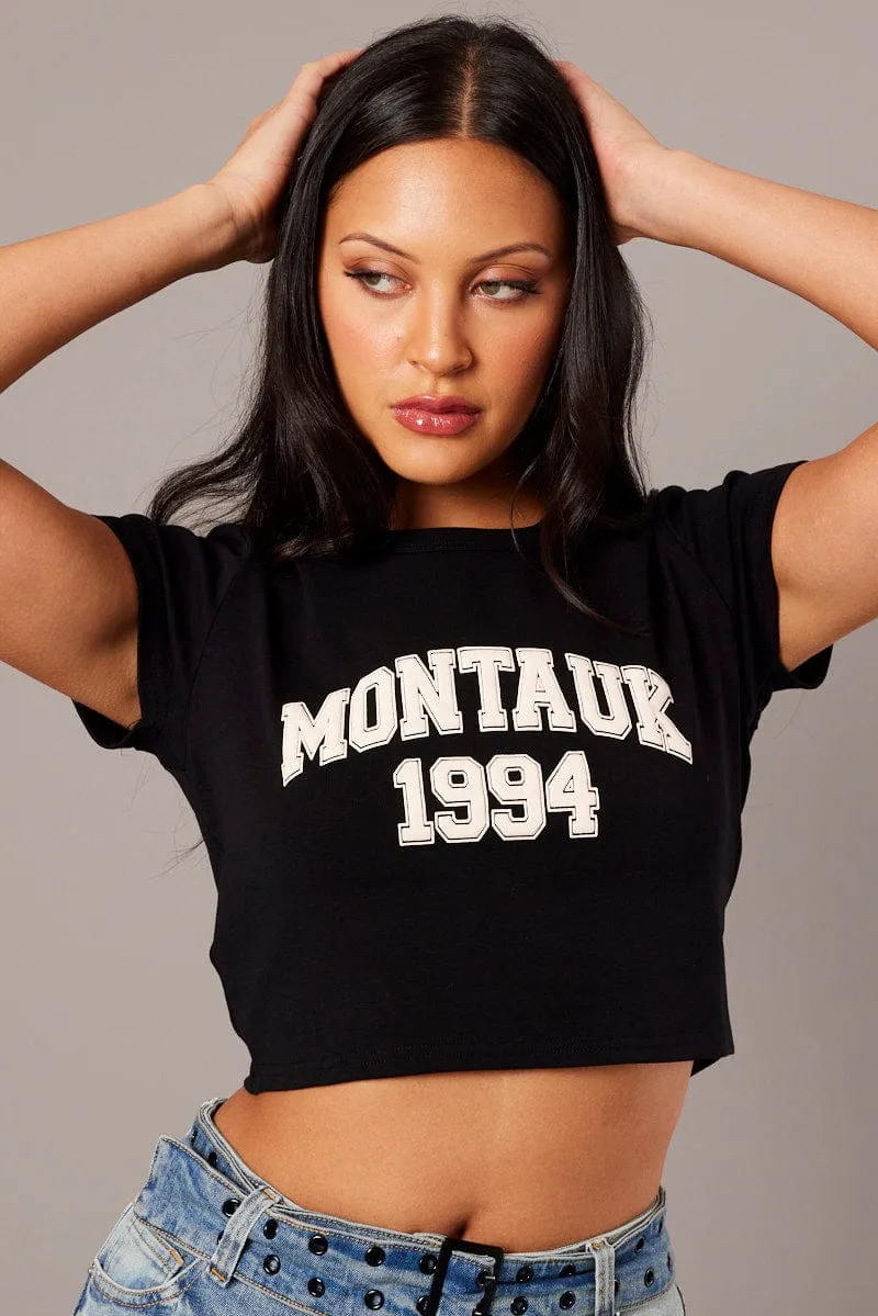 Black Graphic Tee Crop Short Sleeve Quick Drying