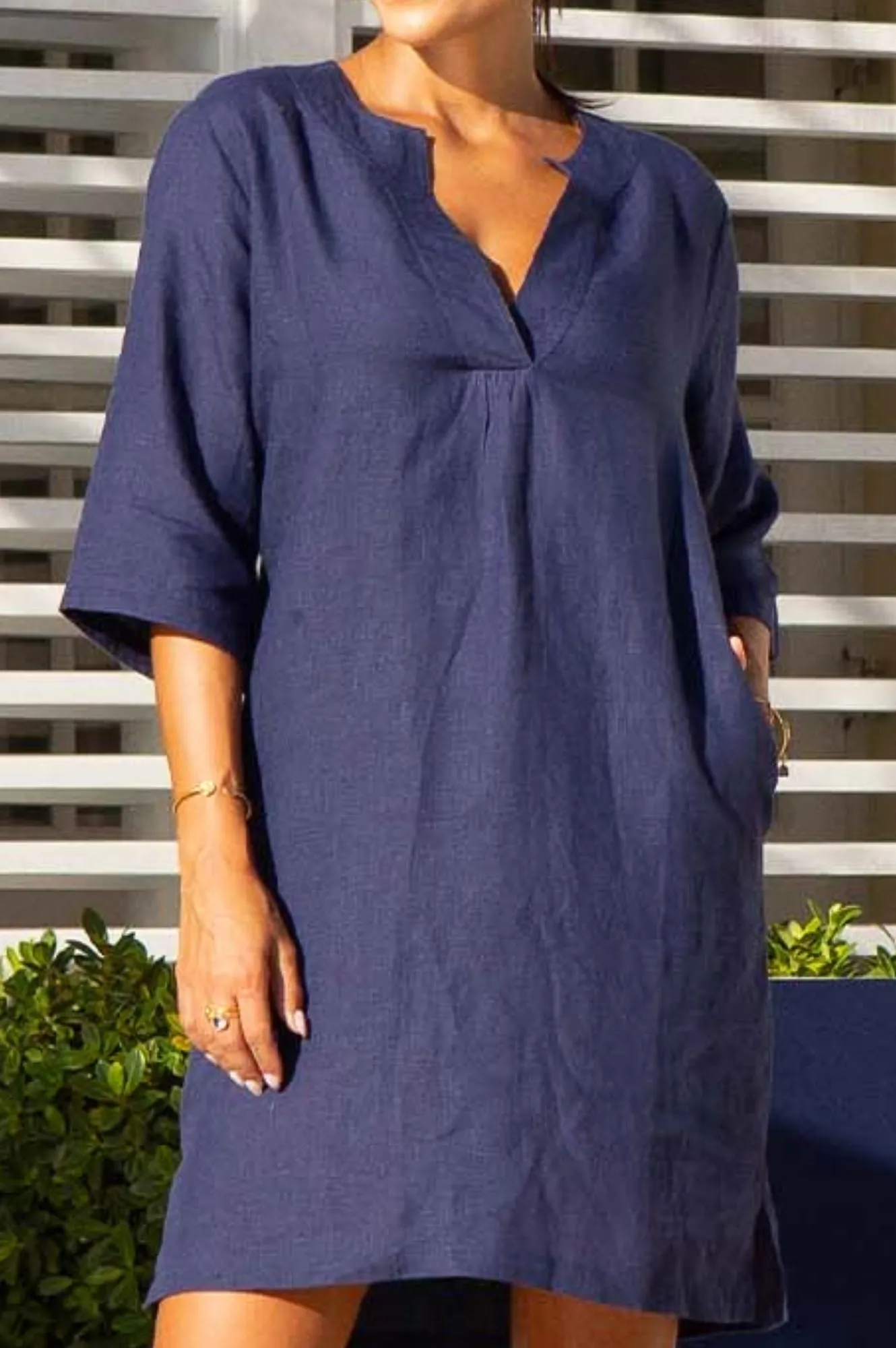 Simple Style Look Vibrant Fashion Calvi Linen Dress | Navy