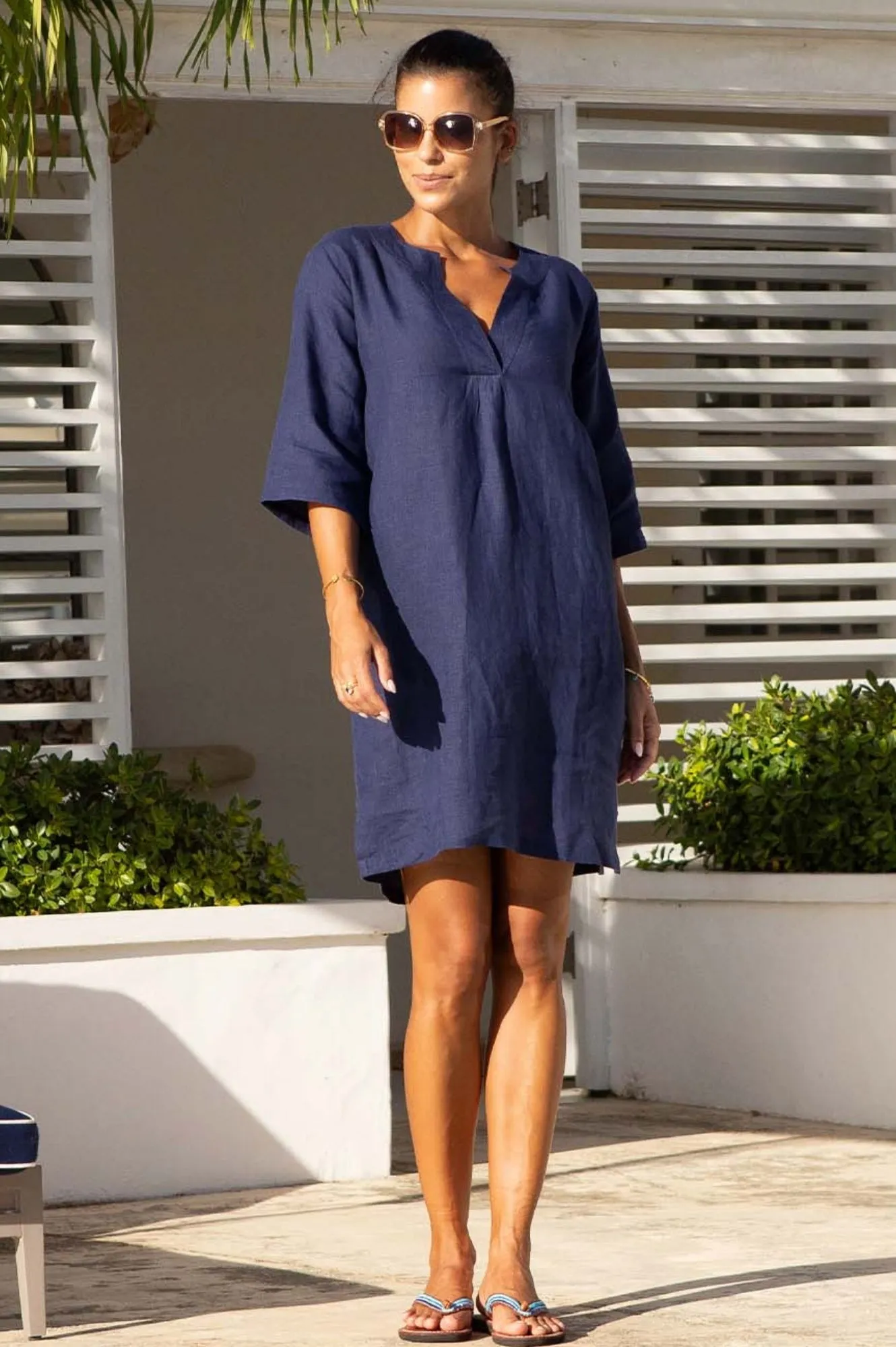 Floral Print Relaxed mini for warm days Calvi Linen Dress | Navy