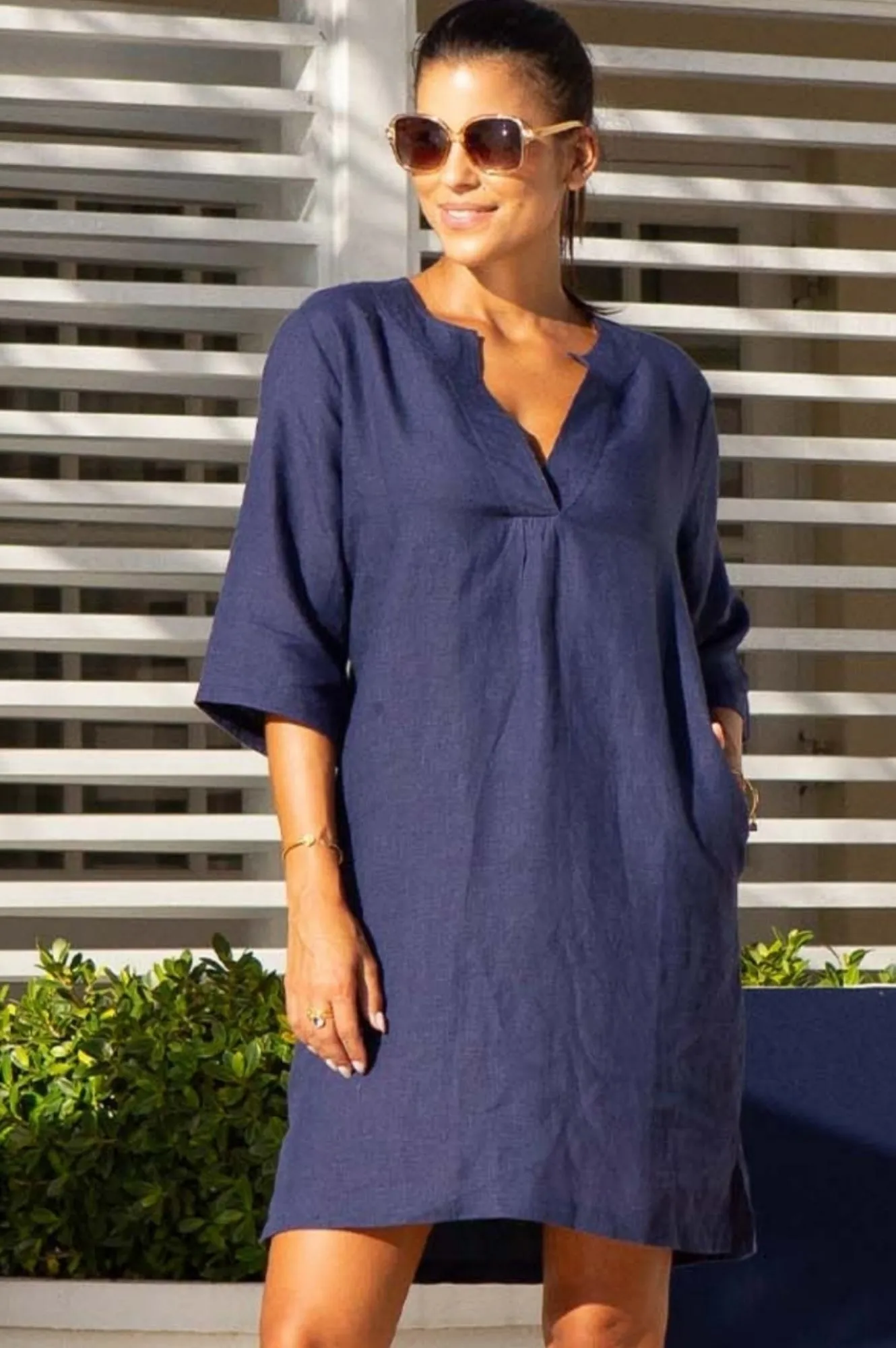 Hot Style Calvi Linen Dress | Navy