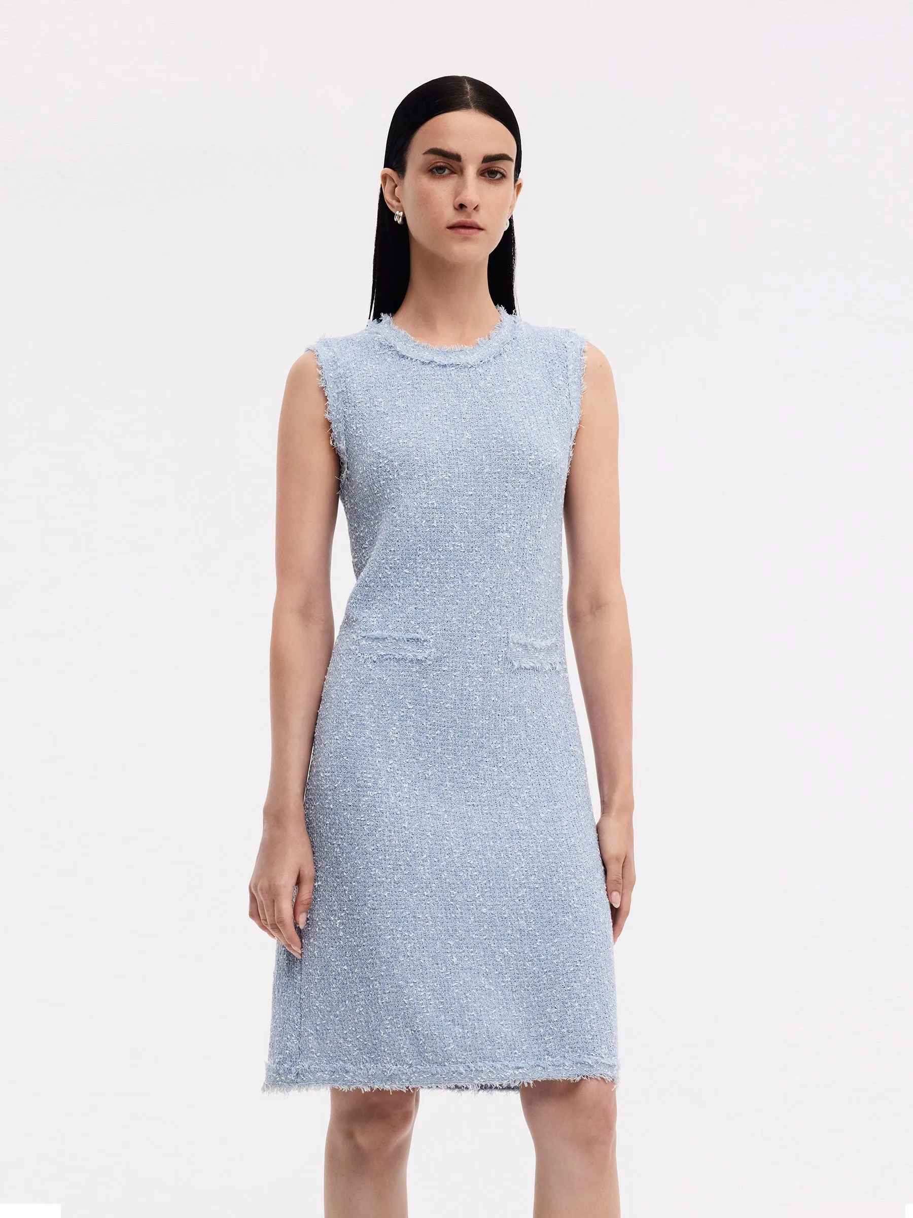 Flattering Silhouette Frayed Edge Sleeveless Women Knit Mini Dress