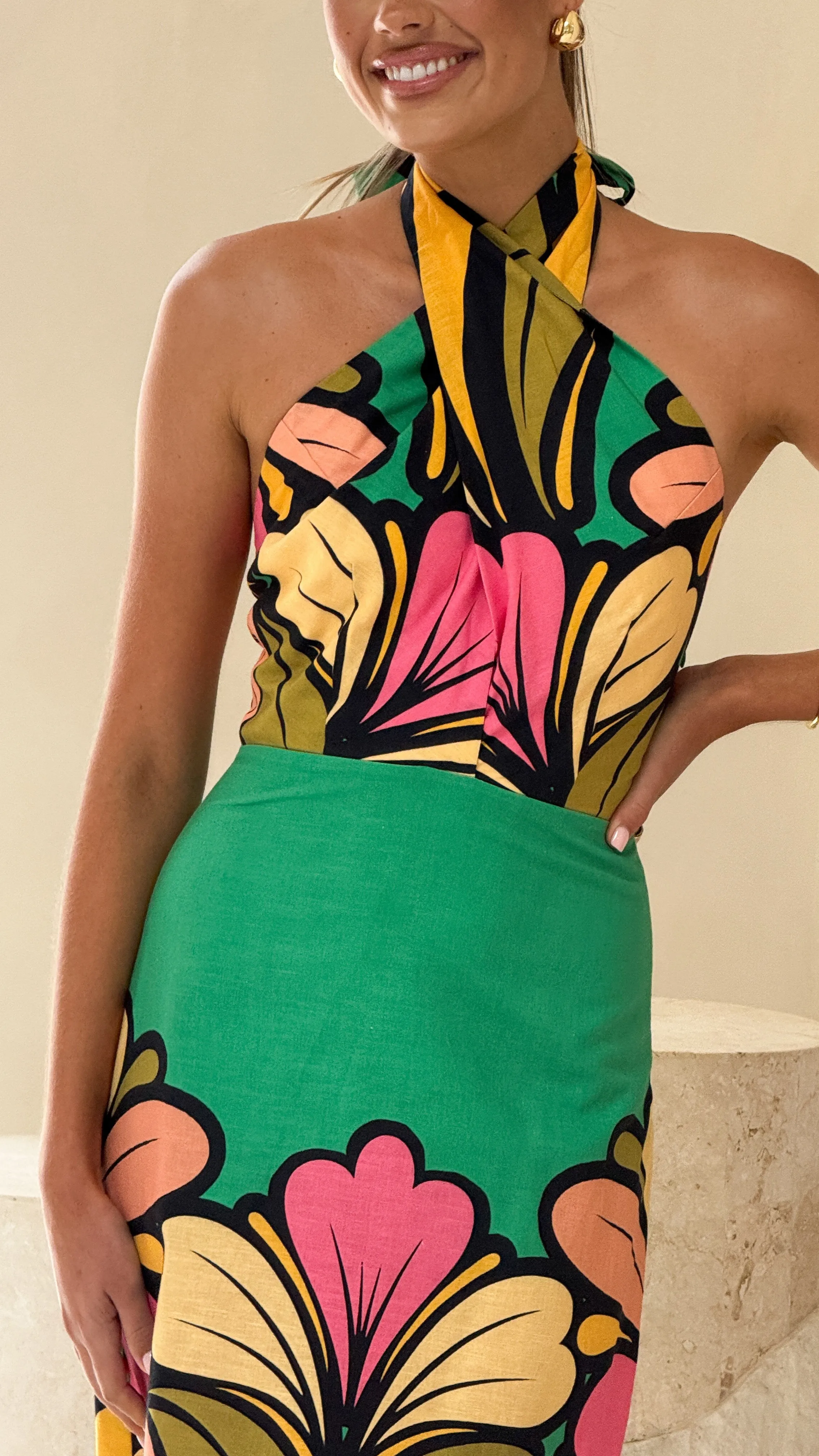 Portugal Twist Halter Mini Dress - Apple Party Beat Tear Resistant Weave
