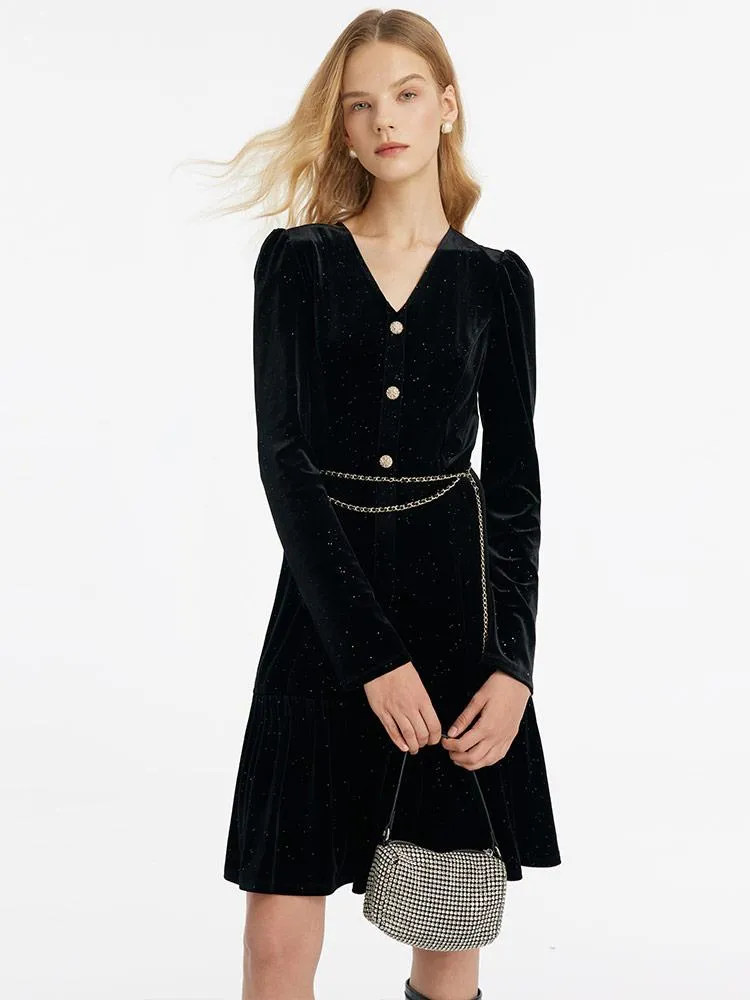Scene Light Trend Glow Velvet V-Neck Women Dress With Chain Belt