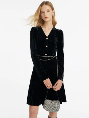 Velvet V-Neck Women Dress With Chain Belt Urban Mood