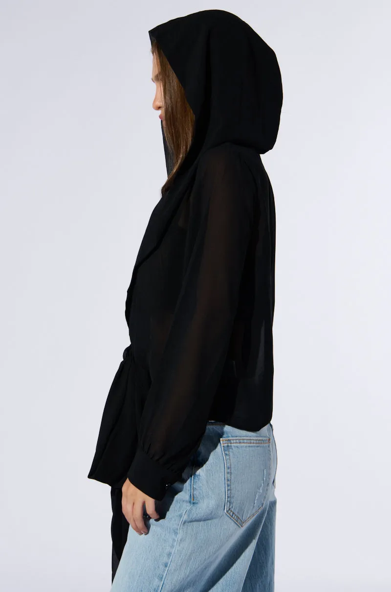 MARGO TIE FRONT BLOUSE WITH HOOD IN BLACK windproof Functional Features