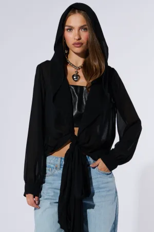 MARGO TIE FRONT BLOUSE WITH HOOD IN BLACK goes with leggings