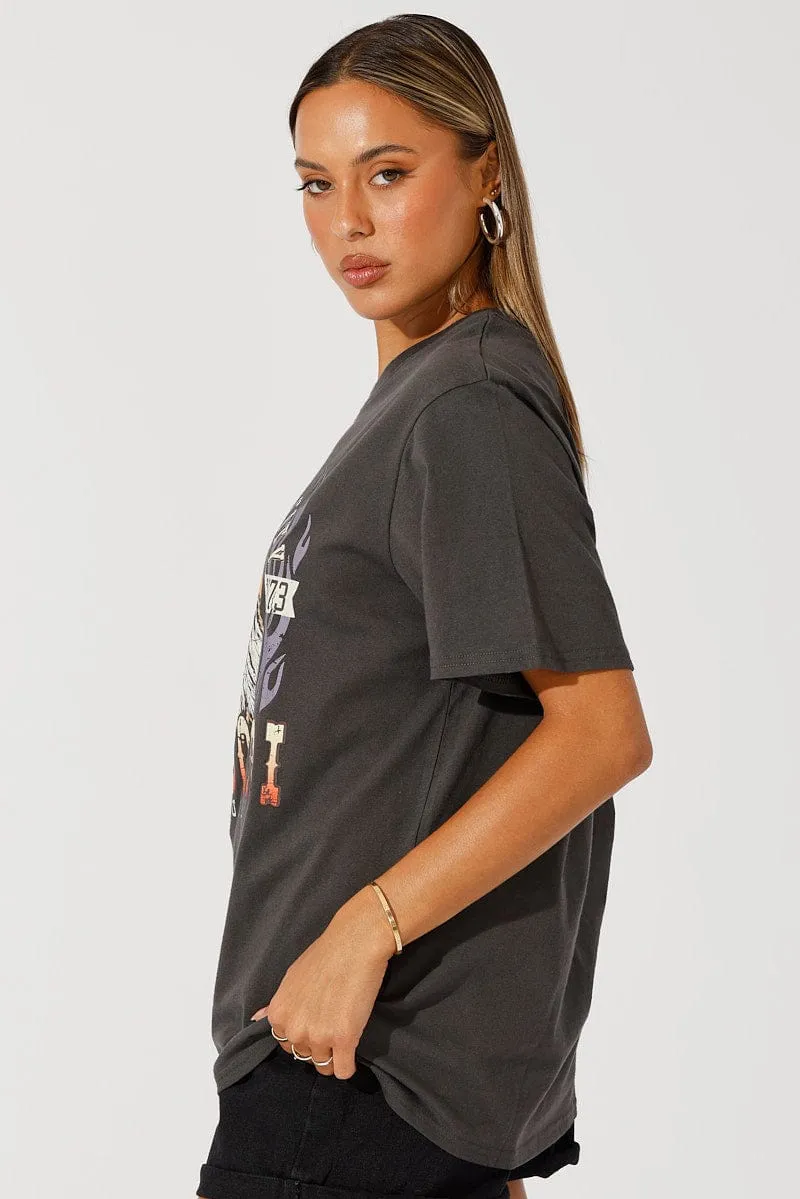Easy and Relaxed Tear Resistant Knit Grey Graphic Tee Short Sleeve