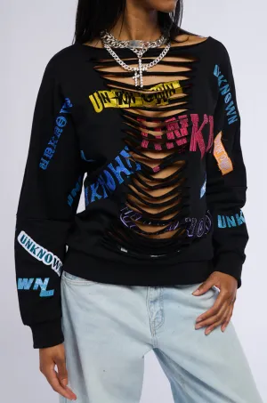 UNKNOWN VIBES DISTRESSED RHINESTONE EMBELLISHED SWEATSHIRT sequin product pastel softness