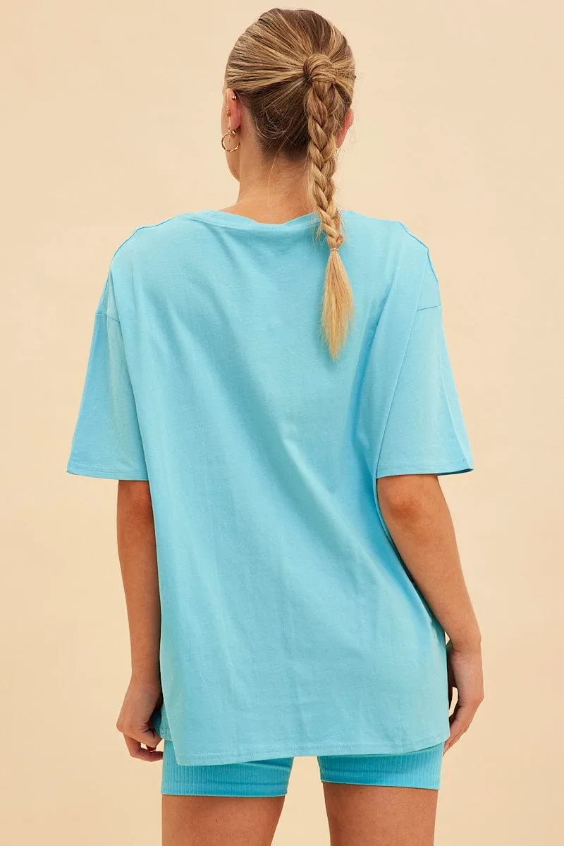 Mom Soft Blue Jamie Cotton Jersey Crew Neck Oversized T-Shirt