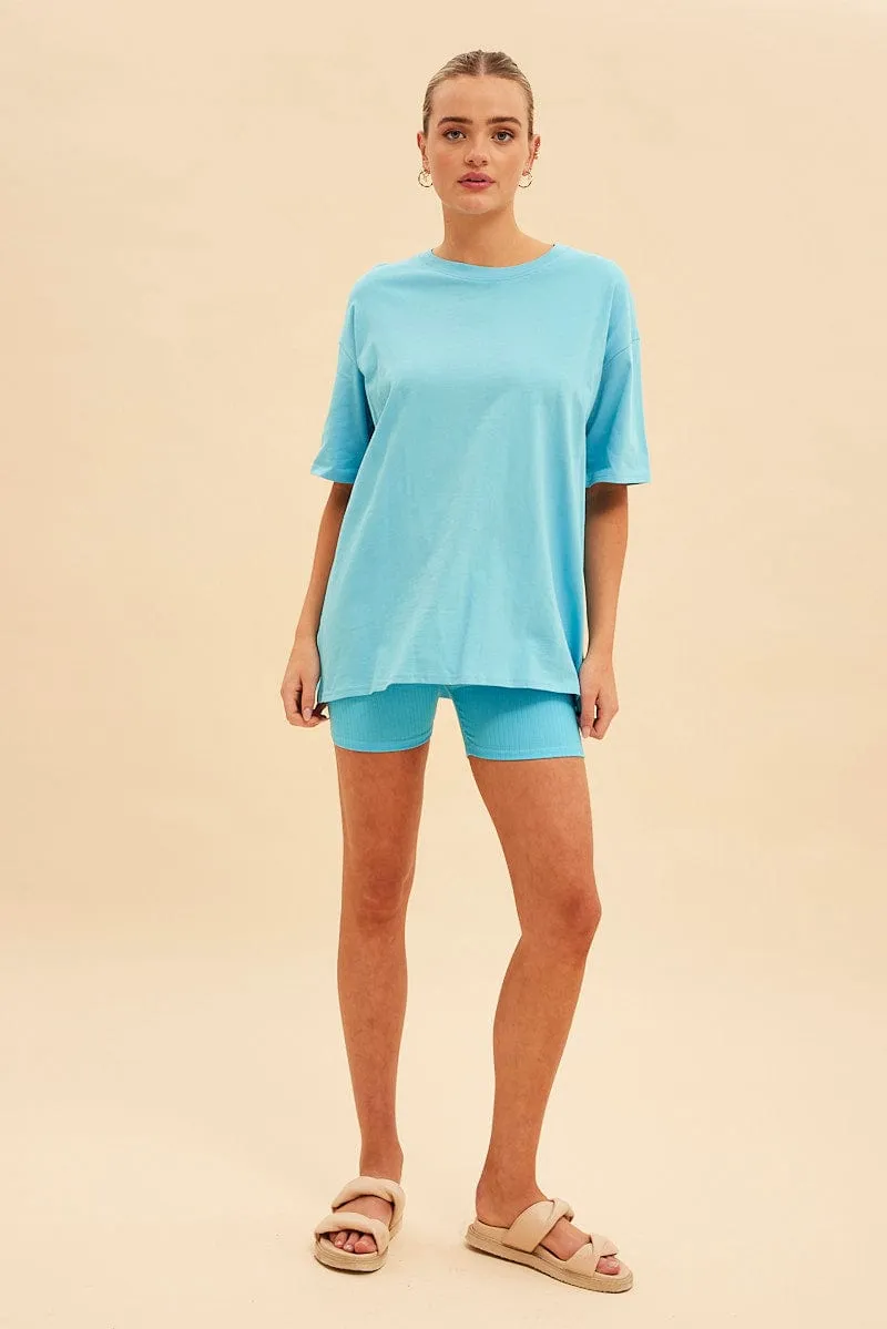 WaterRepellent HiddenZipperClosure Blue Jamie Cotton Jersey Crew Neck Oversized T-Shirt