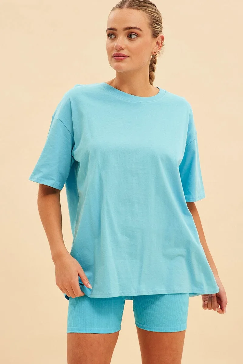 Blue Jamie Cotton Jersey Crew Neck Oversized T-Shirt LayeredPanels