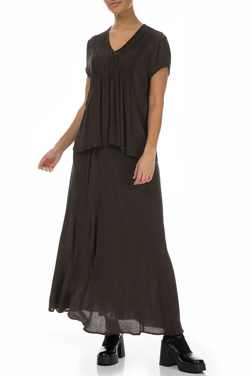 Crinkled Forest Brown Silk Viscose Skirt Simple Outfit