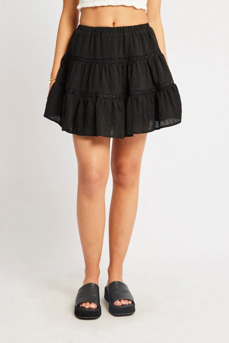 Black Skater Skirt Tiered High Rise Mini Lace Insert Sharp Look Abstract Motif
