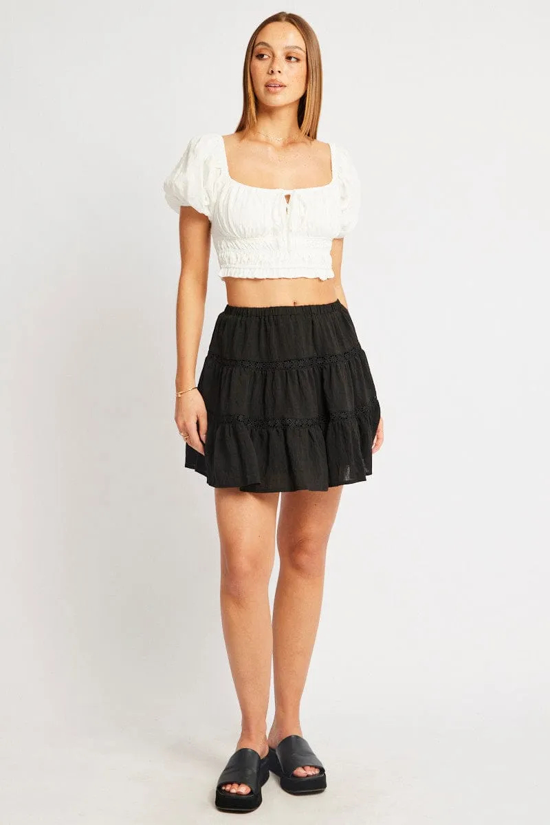 premium fabric Black Skater Skirt Tiered High Rise Mini Lace Insert