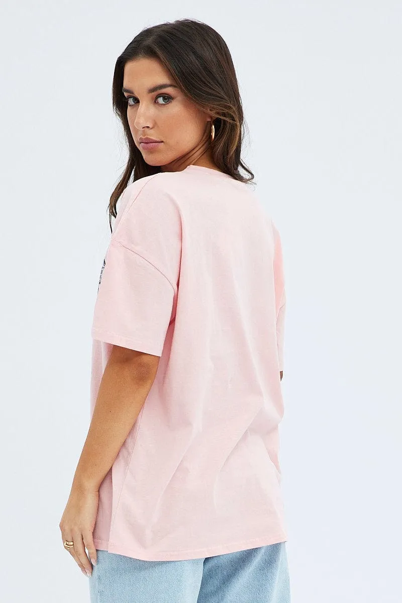Soft Brushed Finish Pink Graphic Tee Short Sleeve Round Neck Print Jersey