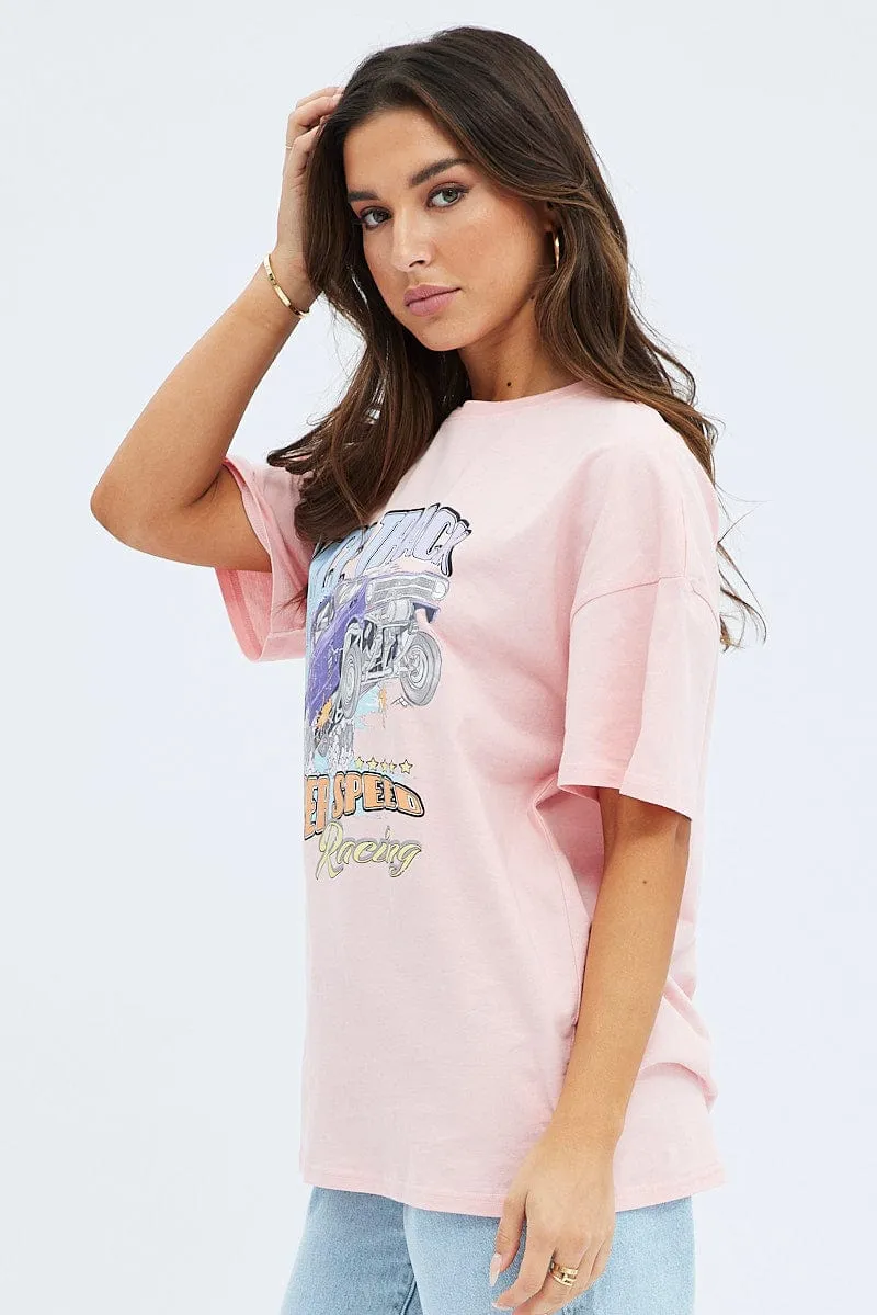 Premium Material Pink Graphic Tee Short Sleeve Round Neck Print Jersey