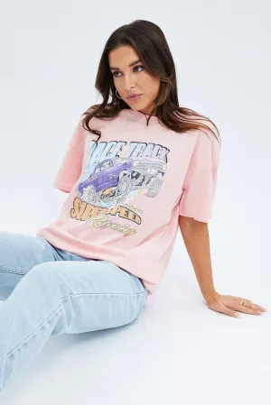 Pink Graphic Tee Short Sleeve Round Neck Print Jersey Tubular Knit Structure Sublimation Resistant Fabric