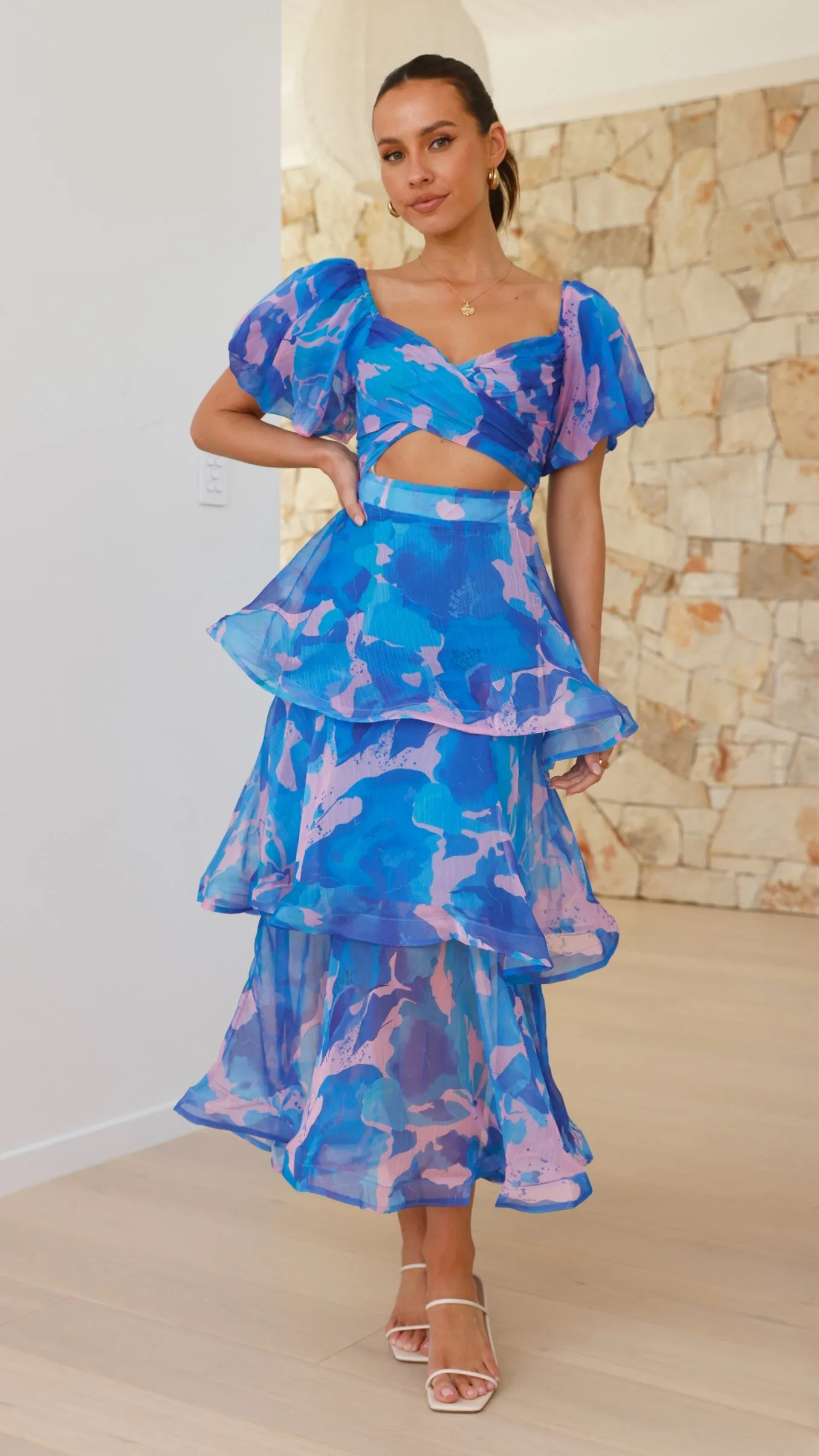 Hand Stitch Fashionable day-to-night gown Casey Maxi Dress - Blue / Pink Print