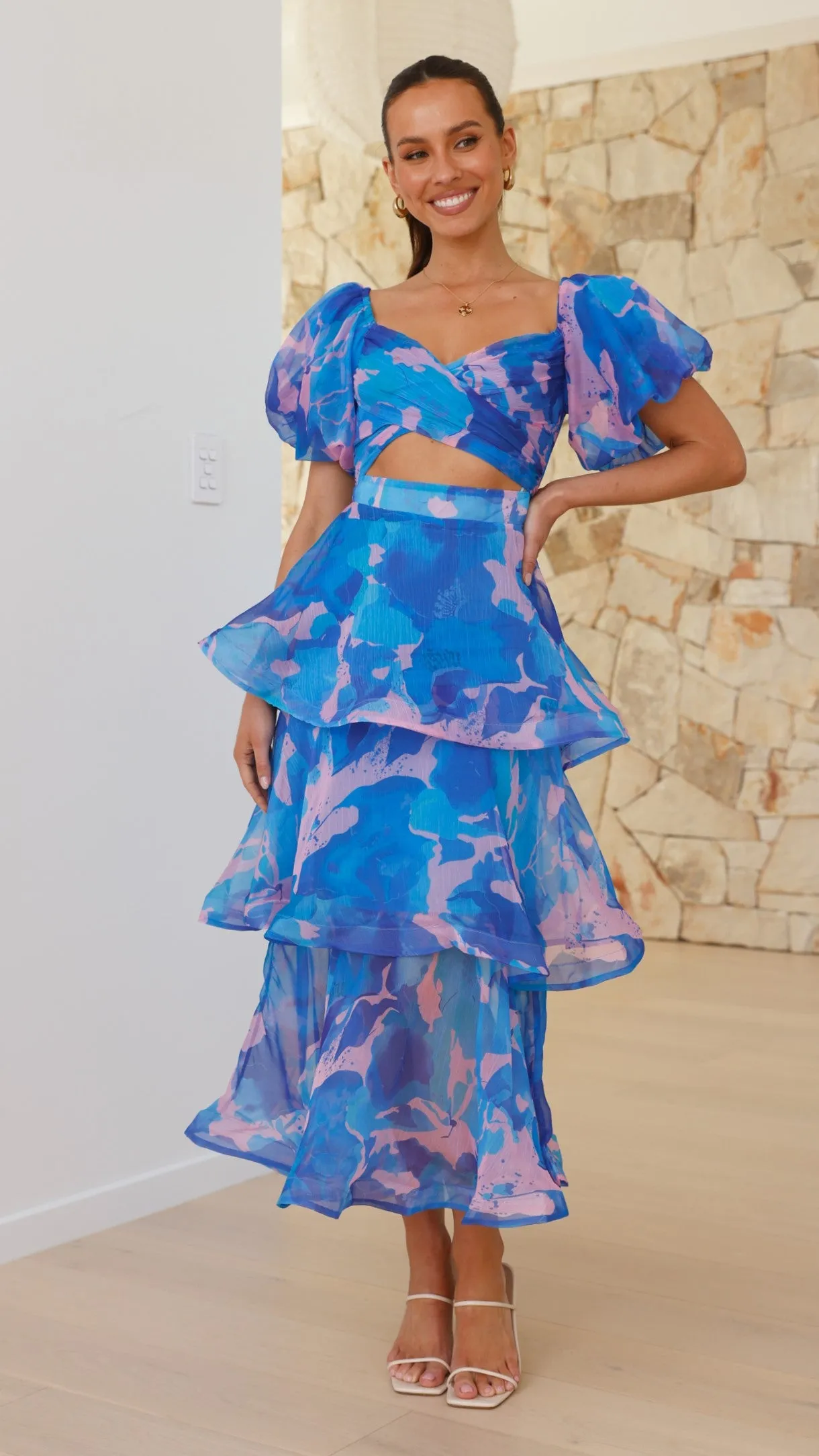 Island Trail Crystal Glow Casey Maxi Dress - Blue / Pink Print