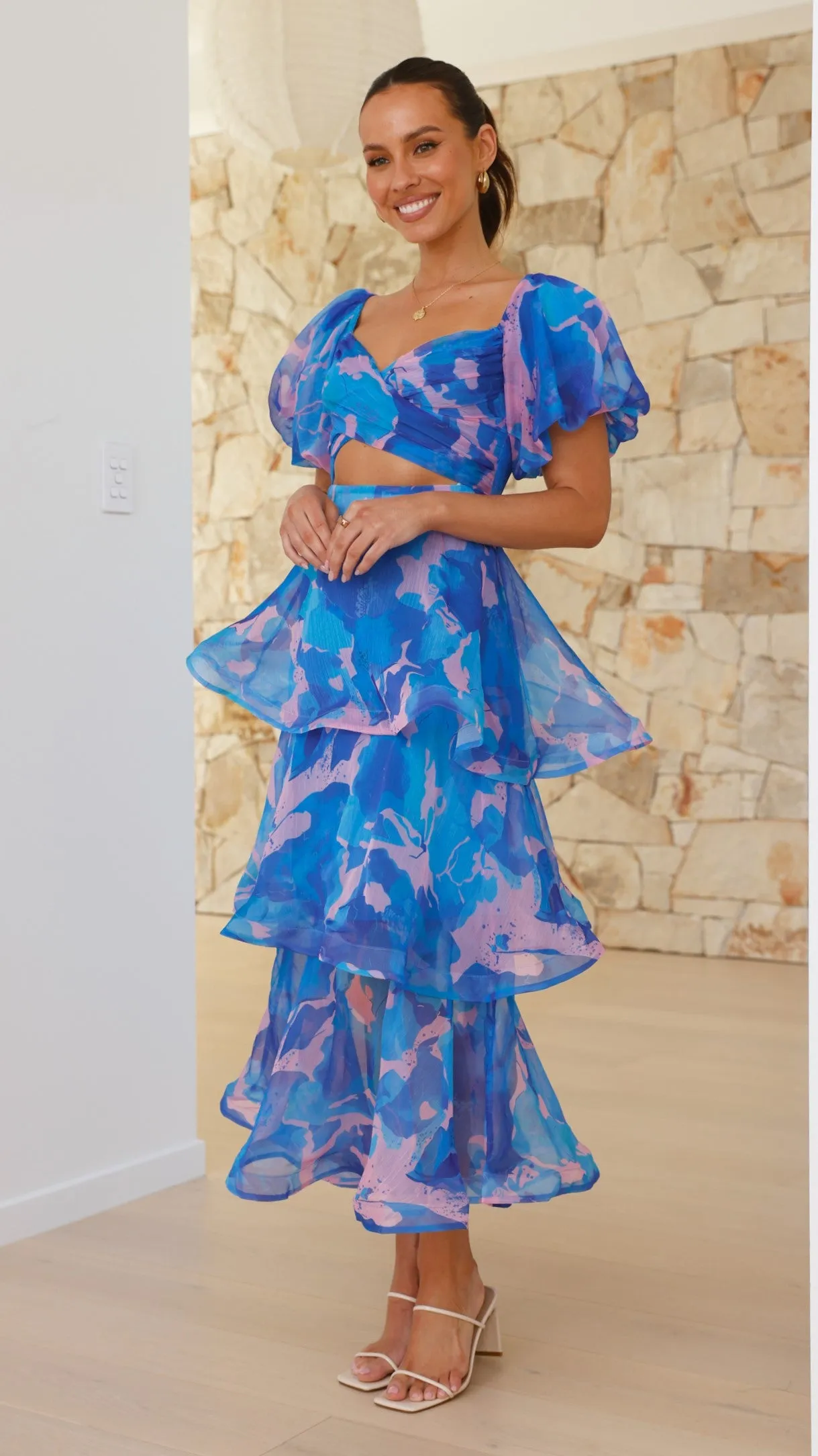 Casey Maxi Dress - Blue / Pink Print Soft-touch maxi gown Ocean Arch