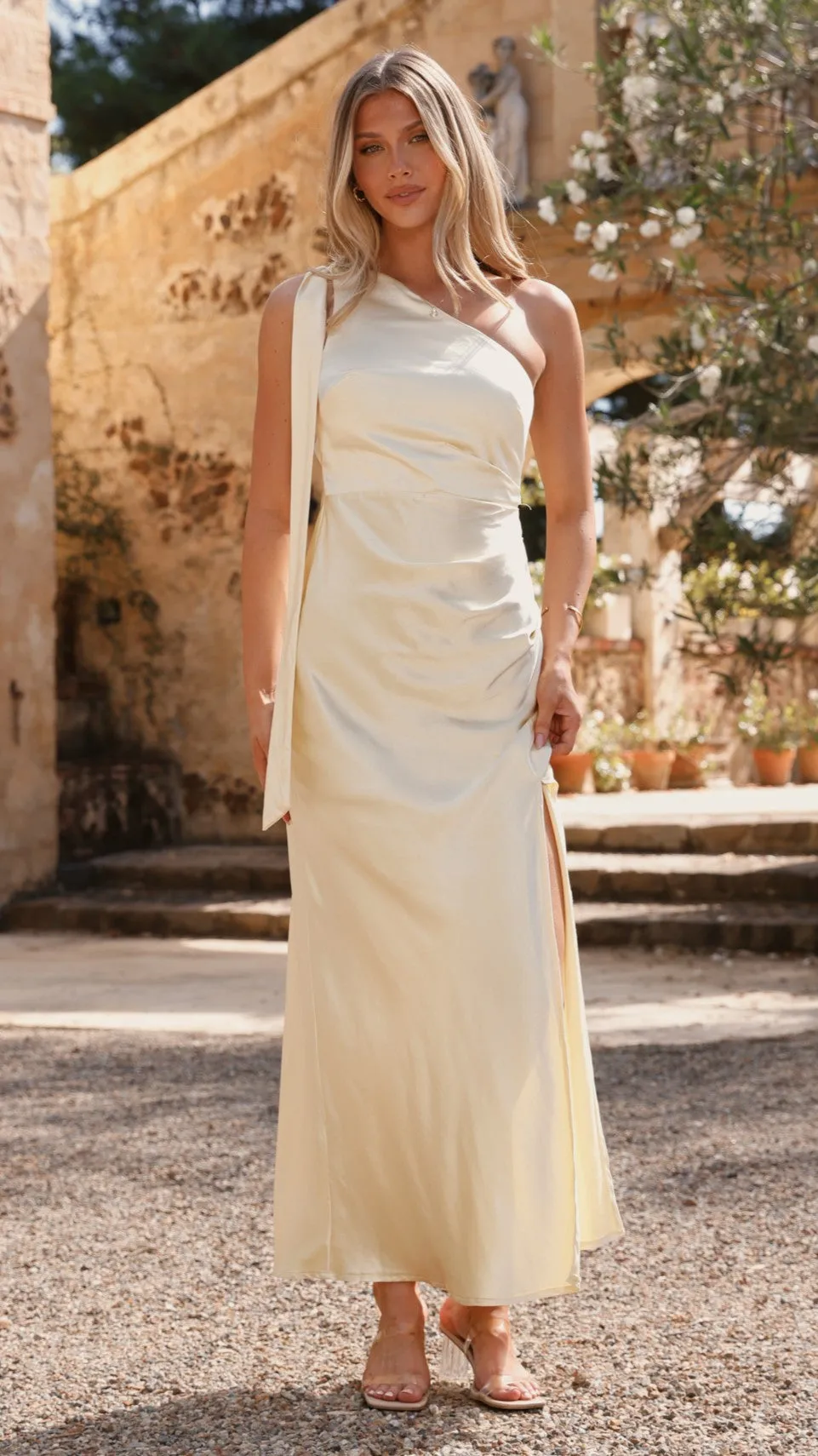 Front Button Halle One Shoulder Maxi Dress - Yellow