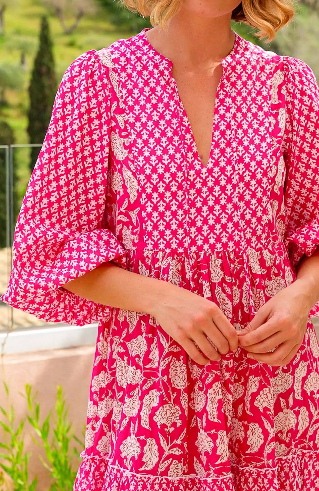 Look Sharp Marina Organic Cotton Print Mix Dress | Dianthus Print Pink/White