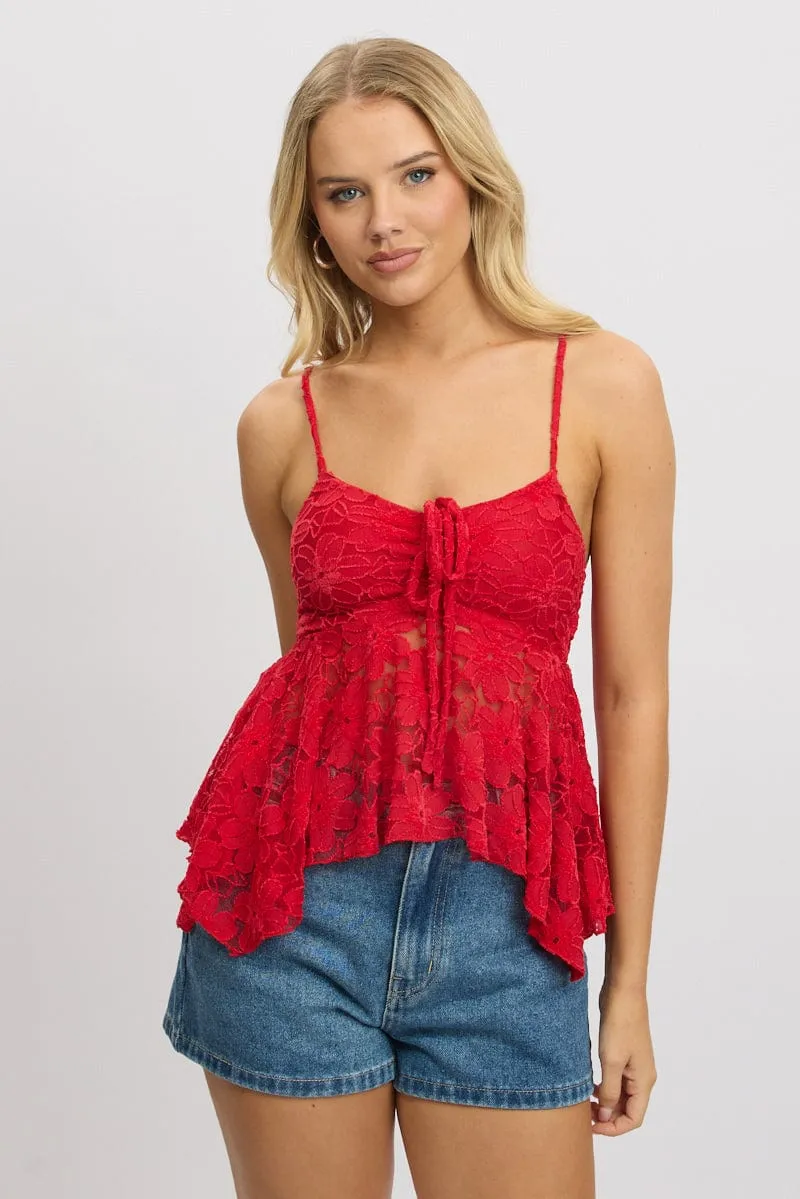 Red Singlet Top Lace AntimicrobialTreatment Saga Fit