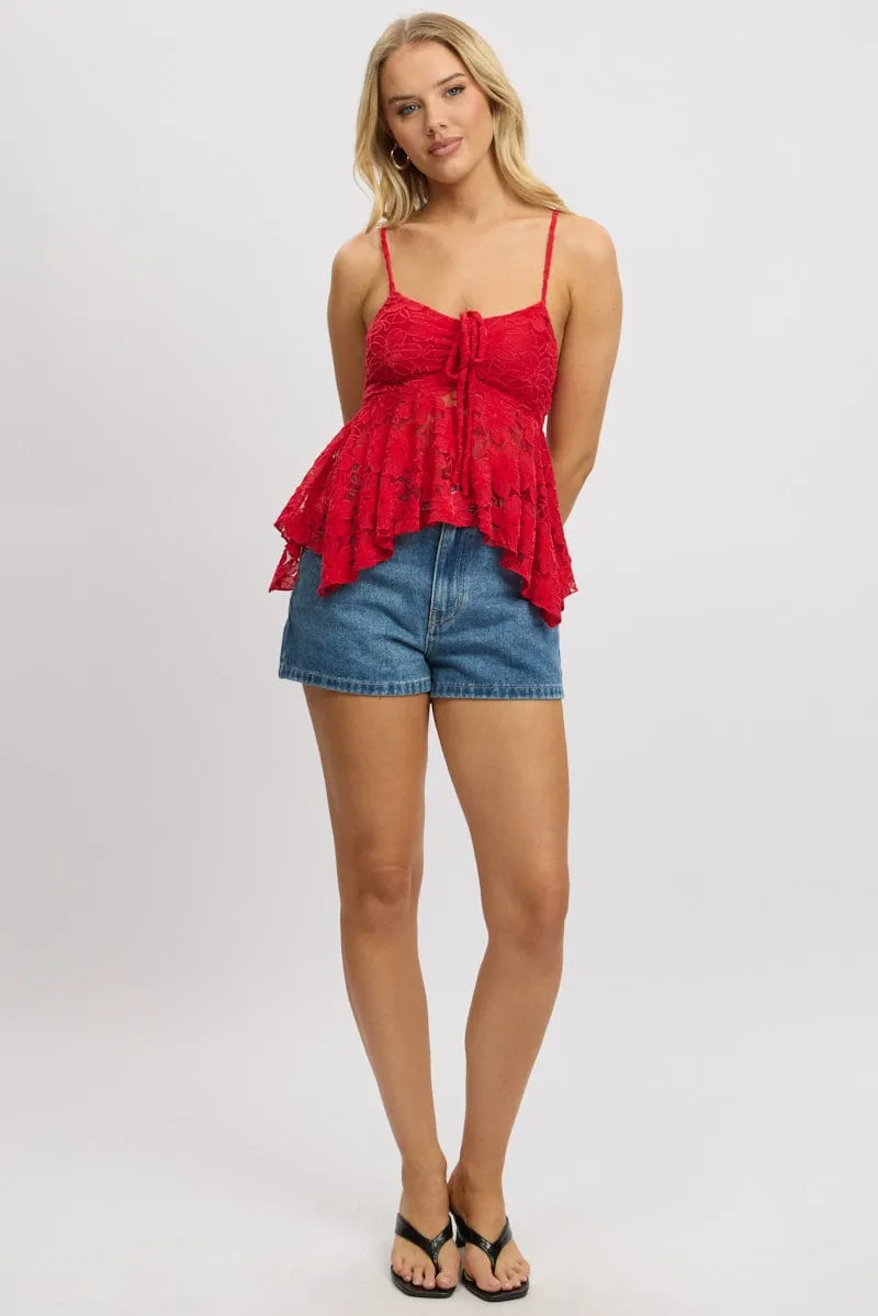 Fashionable Vest DurableSeams Red Singlet Top Lace