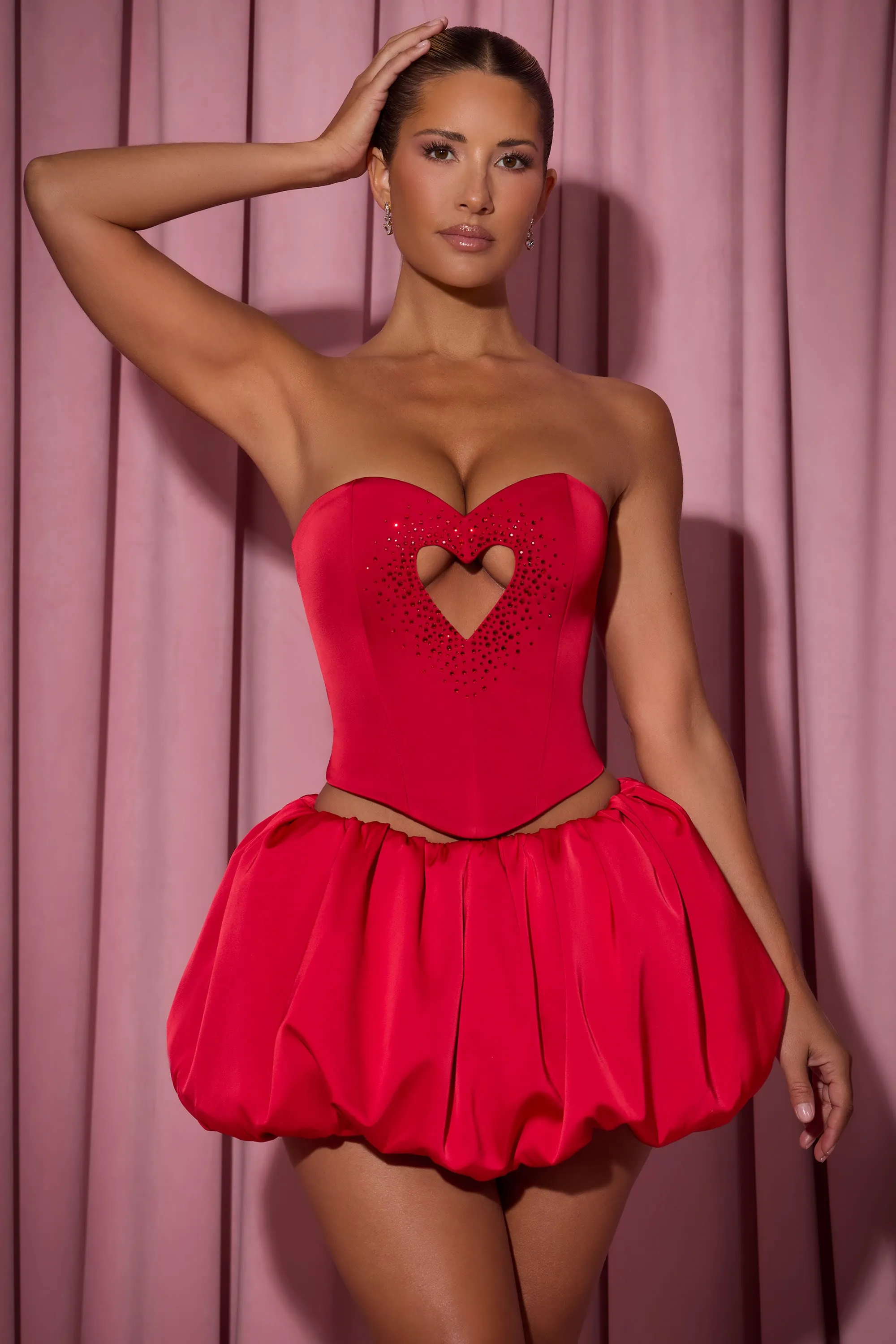 NoSlipGrip Embellished Heart Cut-Out Strapless Corset Top in Red