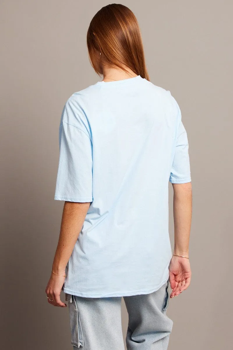 Spring Freshness Versatile and Stylish Blue Graphic Tee Short Sleeve