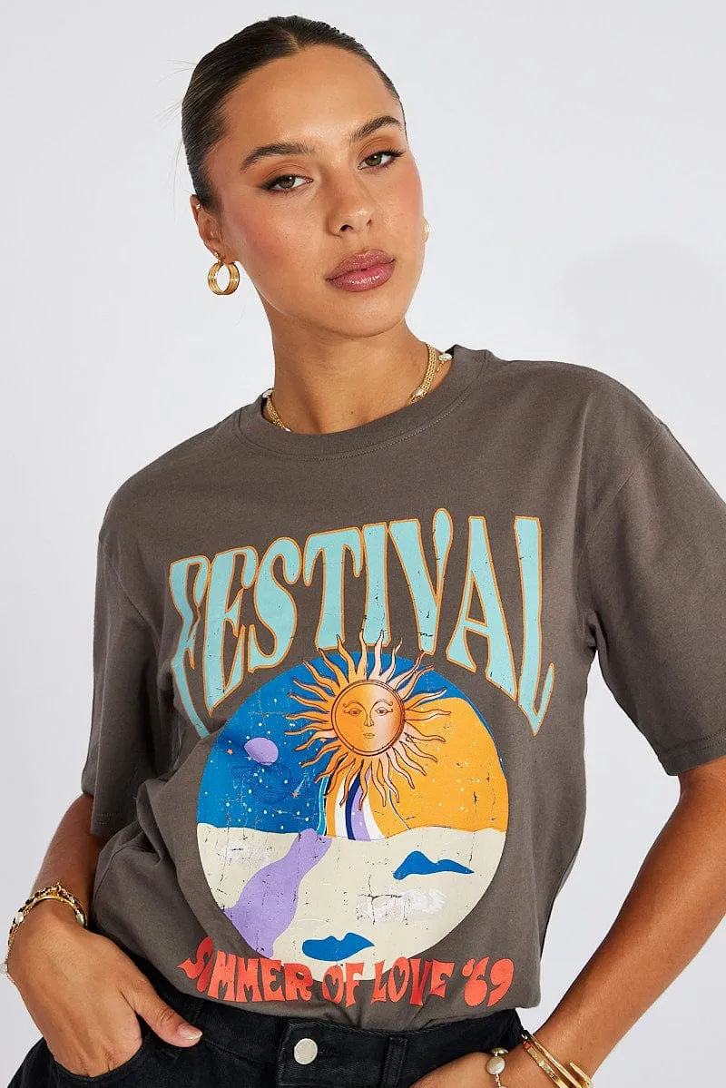 Grey Graphic Tee Short Sleeve Regular fit normality