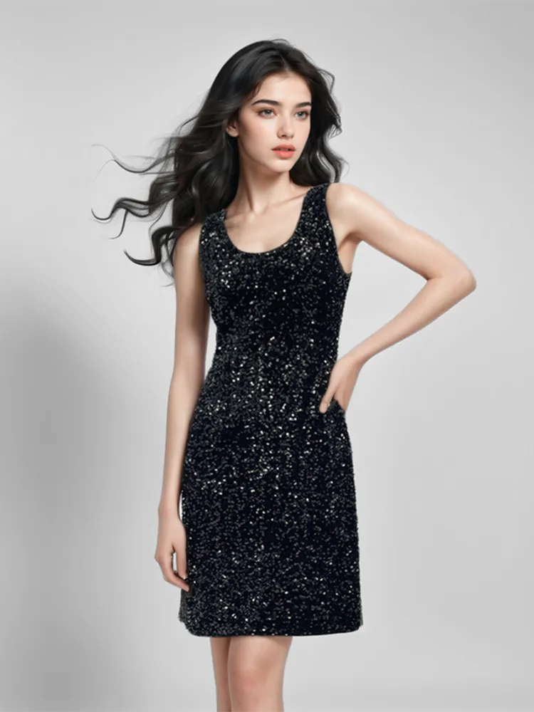 Velvet Sequins Women Mini Vest Dress Sleek Silhouette