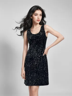 Velvet Sequins Women Mini Vest Dress Sleek Silhouette